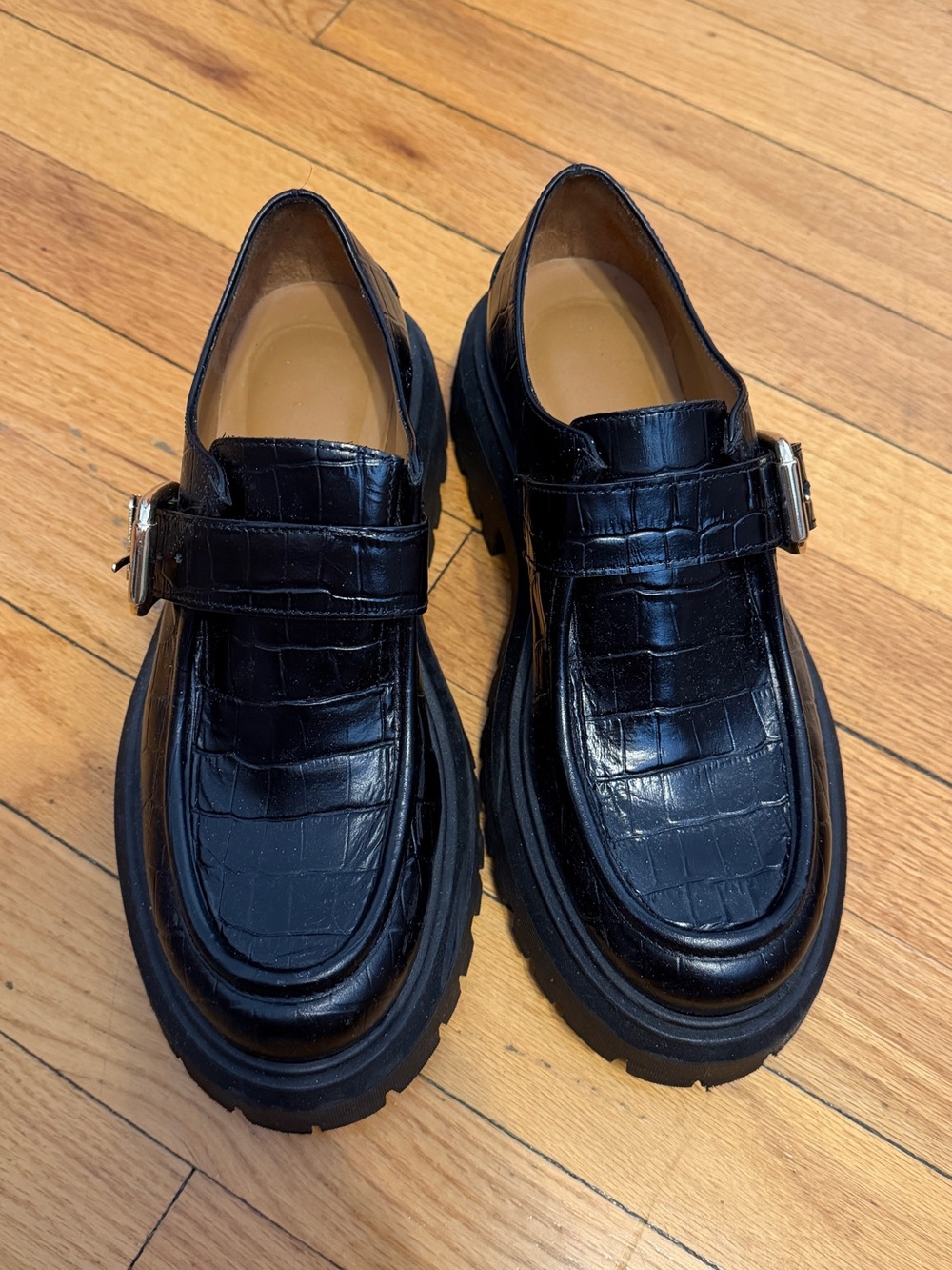 Maje Ferbie buckled platform flats featuring black crocodile-effect leather